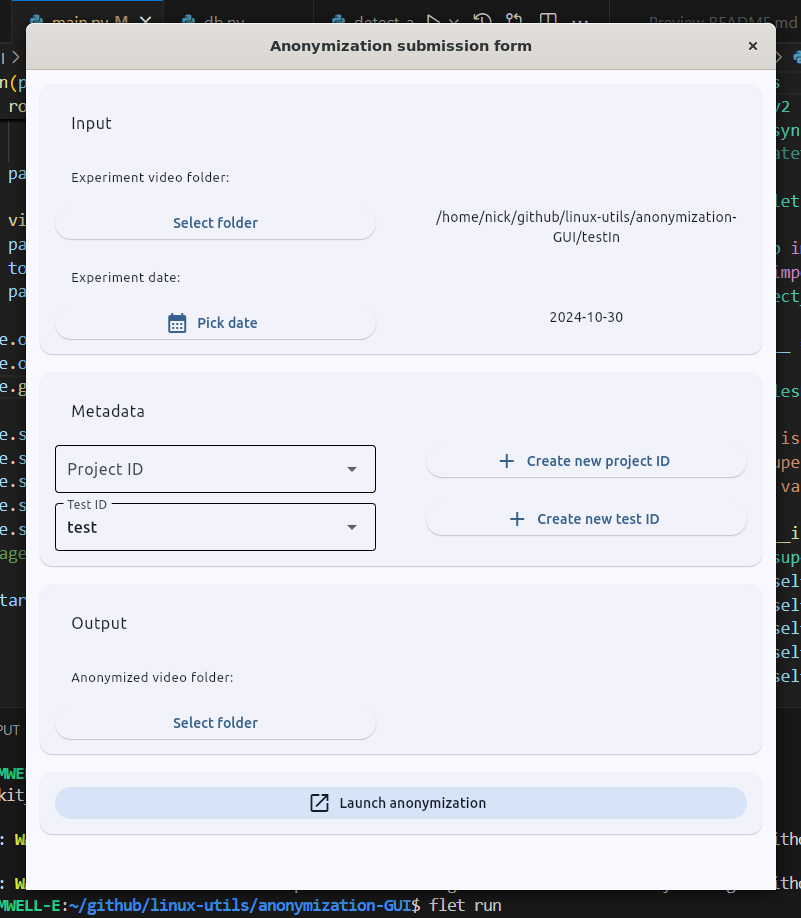 A screenshot of the preprocessing and upload app